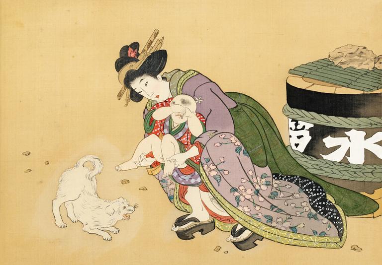 SHUNGA ALBUM. Utagawa school, Japan, late Edo (1603-1868) or Meiji period (1868-1912). Comprising twelve silk paintings.