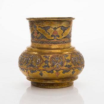A Judaica vase in brass, copper and silver. Cairo ware with hebrew text. Egypt/Syria, turn of the 19th/20th century.
