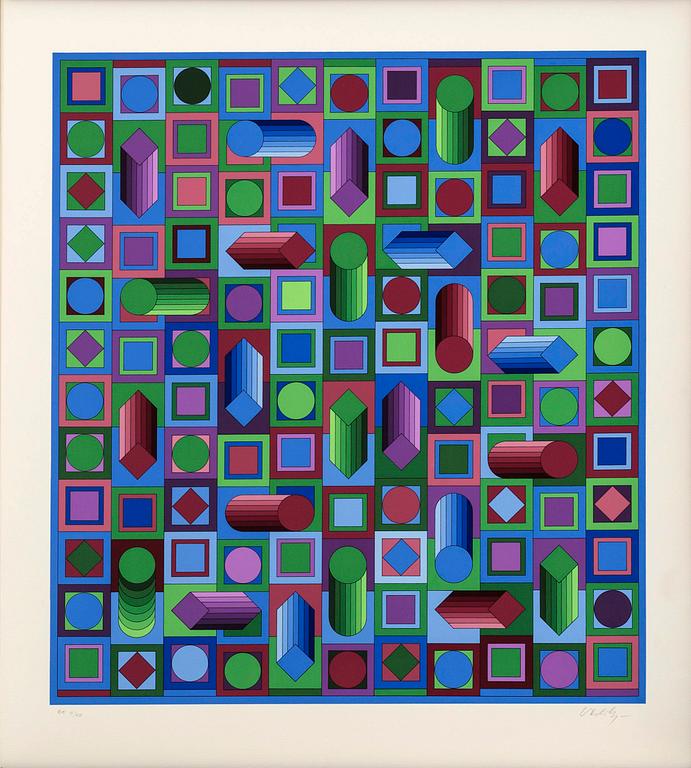 VICTOR VASARELY, "JALONS" SIX SERIGRAPH AND A PLEXIGLASS 'Optometri', NUMBERED EA 4/30 AND SIGNED.