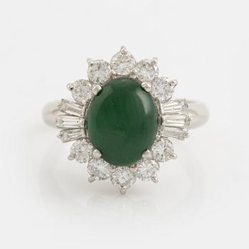 Cabochon jade and baguette and brilliant cut diamond ring.