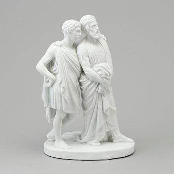 A bisquit scultpure of 'a son with his father' after Bertel Thorvaldsen, Bing & Gröndahl, Denmark, 19th Century.