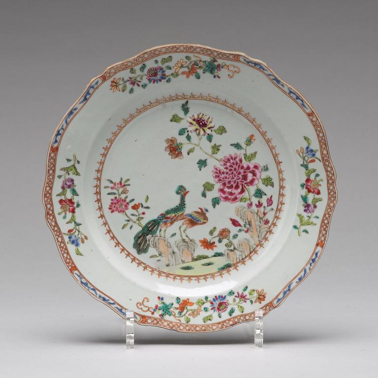 A 'Double Peacock' serving dish and two plates, Qing dynasty, Qianlong (1736-95).