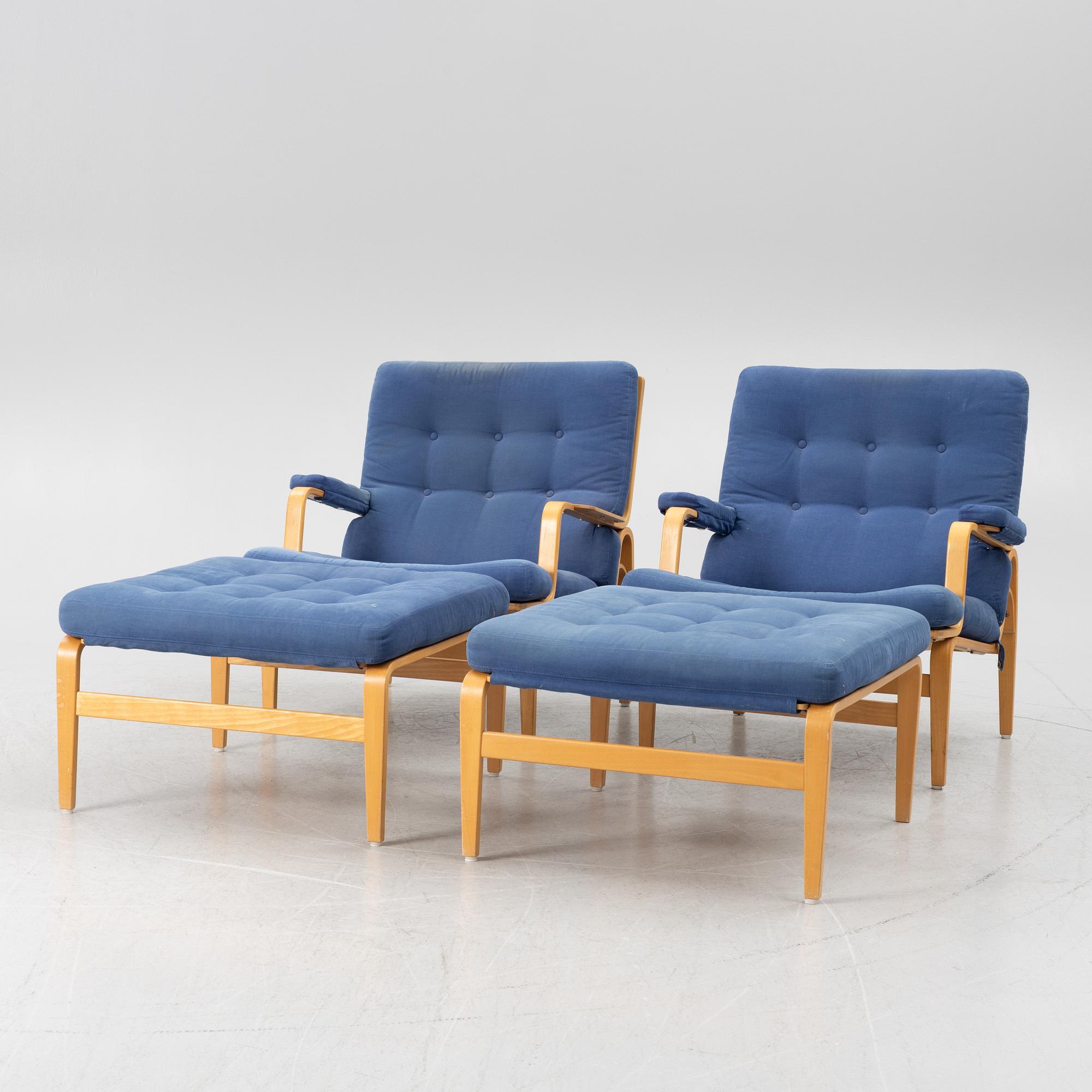Bruno Mathsson, a pair of armchairs with ottomans, 'Ingrid', Dux, second half of the 20th century.