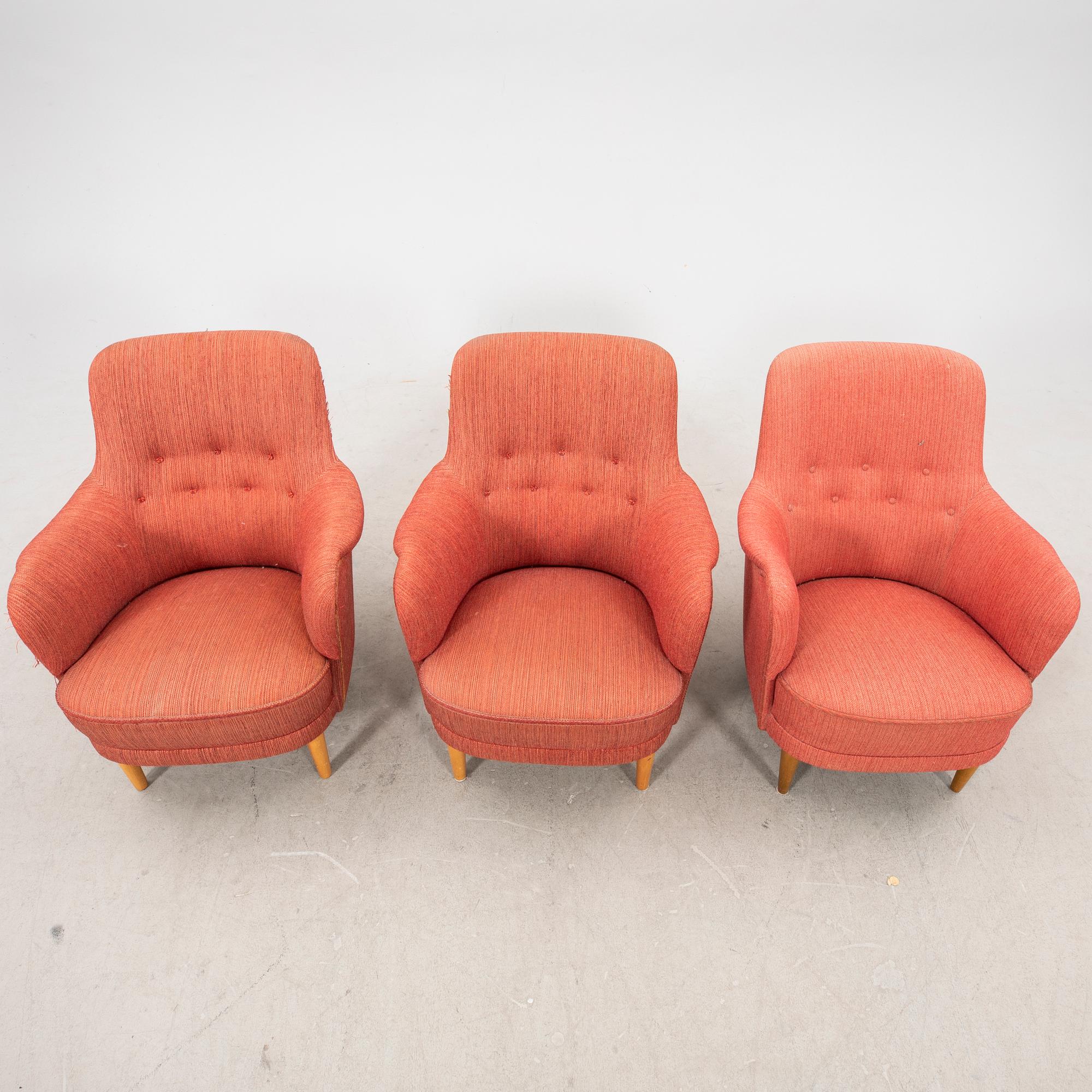 Carl Malmsten, a set of three Samsas armchairs.