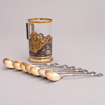 A Russian silver teaglass holder and seven teaspoons, Moscow and Kiev, first half and mid-20th Century.