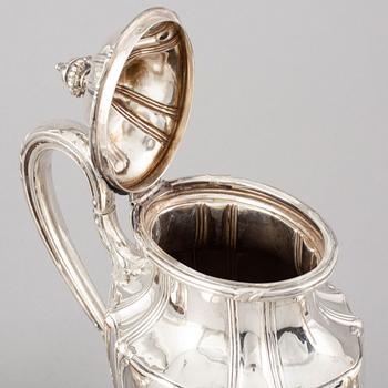 A three piece rococo style silver coffee service by John Victorin, Varberg, 1920.