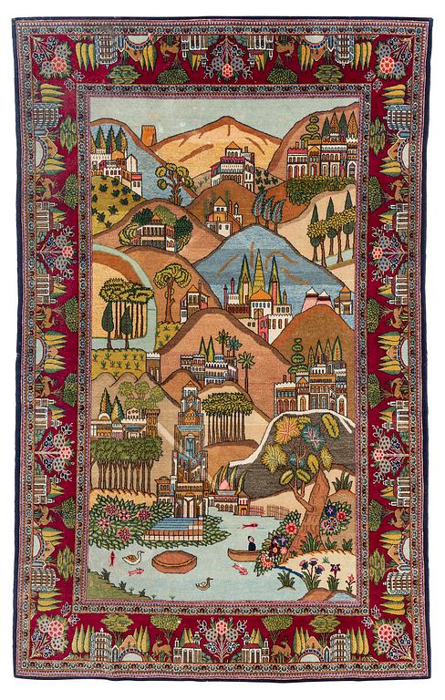 A semi-antique pictoral Kashan rug, c. 212 x 130 cm.