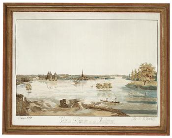 233. BRODERAD TAVLA. "Vue de Gripsholm et de Mariaefred". 43,5 x 56,5 cm. "Cousu 1791 Par G: J: Stenborg.".