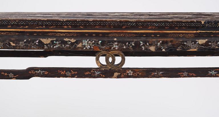 A  Chinese black lacquered altar table with mother of pearl inlay, 17th /18th Century.