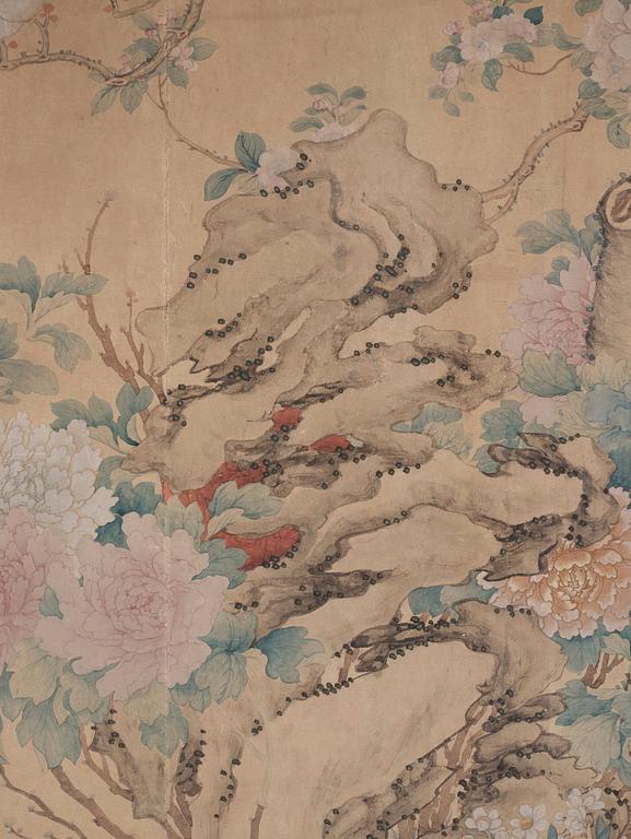 A Chinese scroll painting/wall paper-panel, ink and colour on paper, after Jiang Tingxi (1669-1732), Qing dynasty.