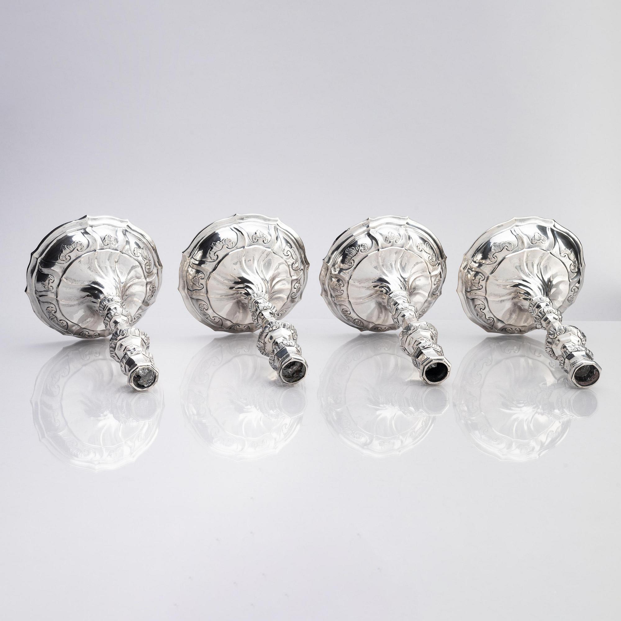 Four silver candlesticks, marks of Christian Drentwett II, Augsburg (1765-1767), two (1781-1783) and possibly (1743-45).