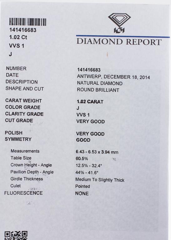 HÄNGE, 18K vitguld med briljantslipad diamant 1.02 ct. Vikt 2,9 gram.