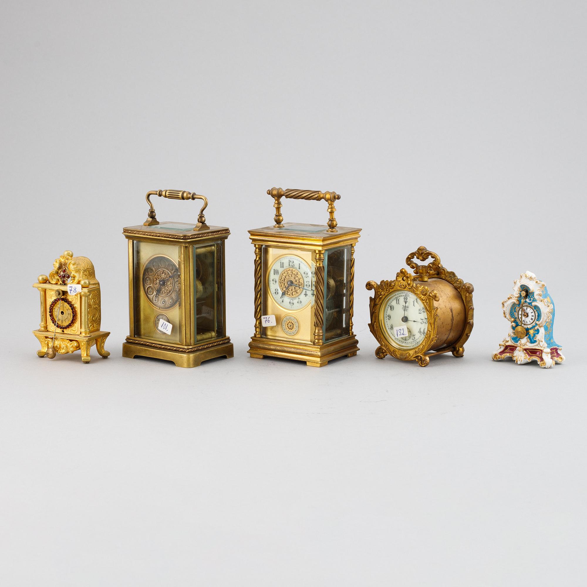 A set of five carriage and miniature clocks, 19th/20th Century.