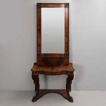 MIRROR AND CONSOLE TABLE, empire, mahogany, first half of the 19th century.