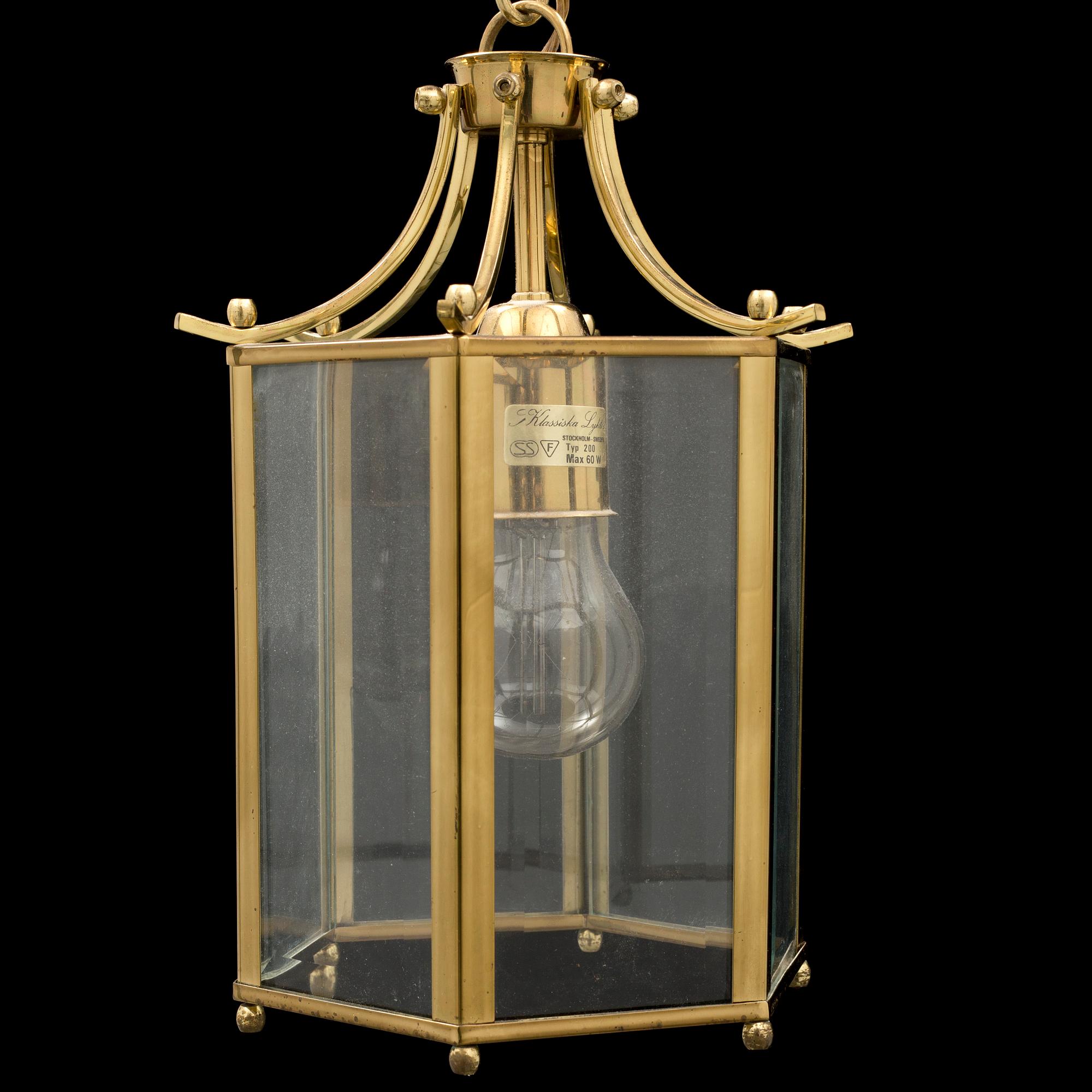 A brass and glass ceiling light from Klassiska Lyktor, late 20th Century.