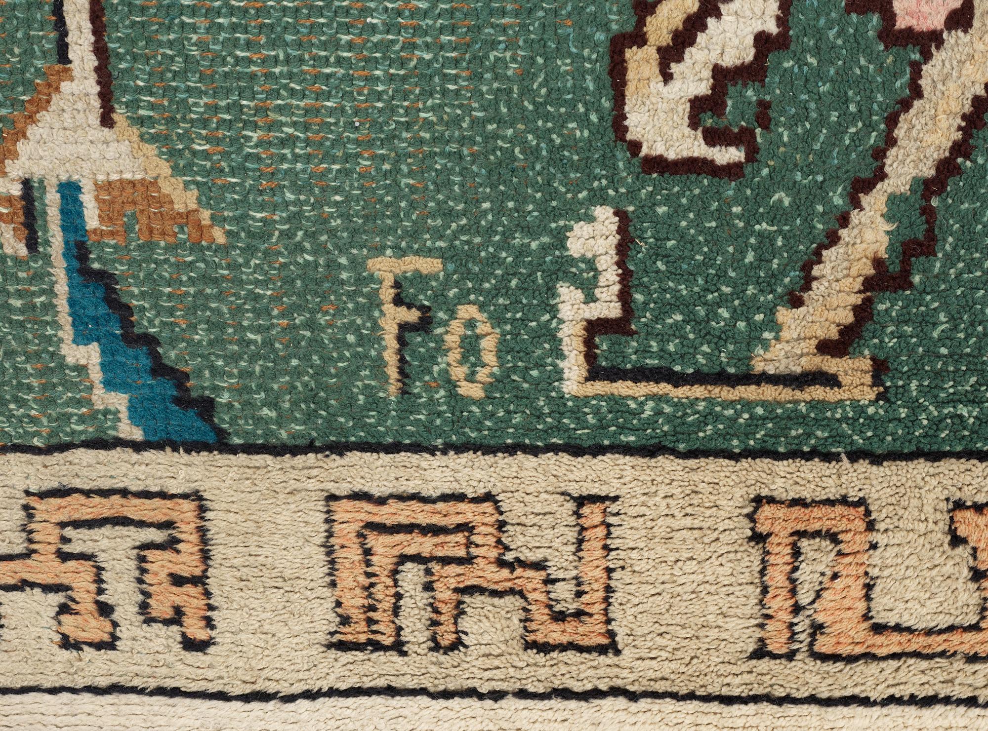 CARPET. Knotted pile (Flossa). 543 x 307,5 cm. Signed Fo SY (?) 1927 (Einar Forseth).