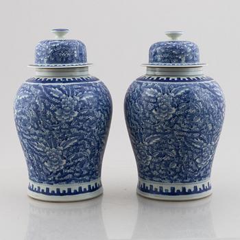 A pair of Chinese blue and white porcelain jars with cover, Qing dynasty with Kangxi mark.