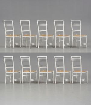 A set of 10 Erik Chambert 'Poem' white lacquered and rattan chairs, Chambert's, Sweden 1950's.