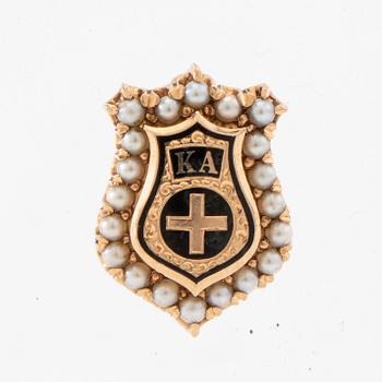 Brooch 14K gold with enamel and seed pearls.