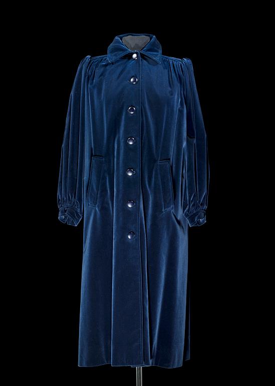 A blue velvet coat by Yves Saint Laurent, from the Russian collection.