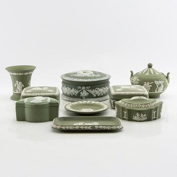 A collection of boxes, plates, and a vase 9 dlr mostly Wedgwood England 20th century jasperware.
