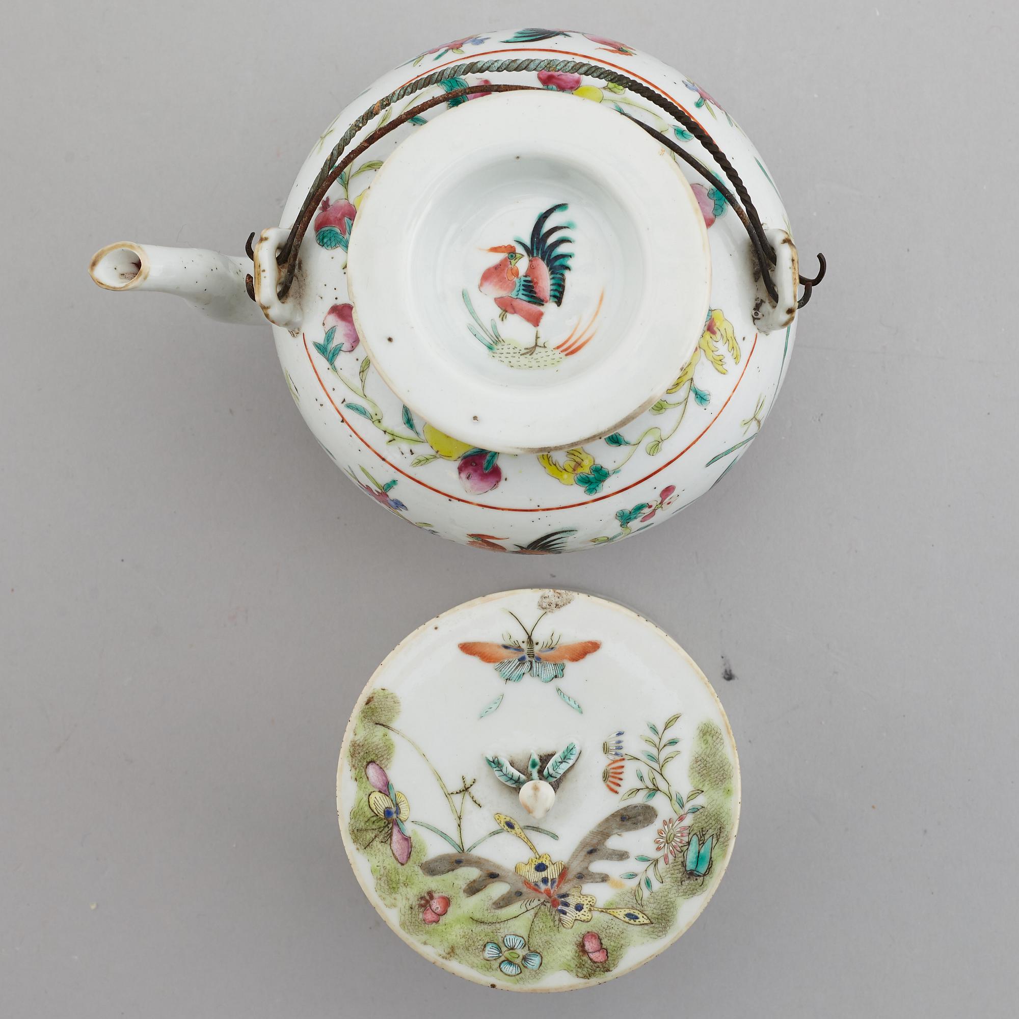 A famille rose table lamp made out of a lantern, and a teapot, dish and jar, late Qing dynasty.