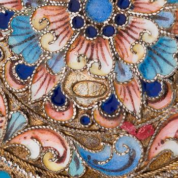A gilt silver cloisonné enamel pill box, maker's mark of D. Nikitin, Moscow 1908-17.