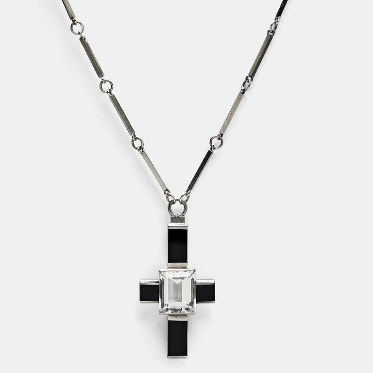 Wiwen Nilsson, a crucifix pendant and chain, sterling silver with facet cut rock crystal and onyx, Lund, Sweden 1935.