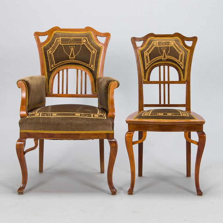 An eight piece Art Nouveau lounge suite in mahogany, Belgium/Netherlands, early 20th century.