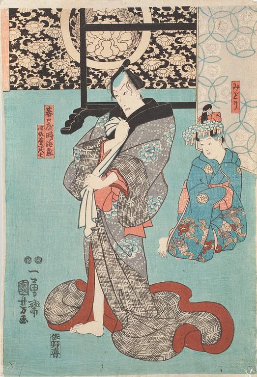 UTAGAWA KUNISADA KOCHORO TOYOKUNI III, träsnitt, 3st, Japan, 1800-talets andra hälft.