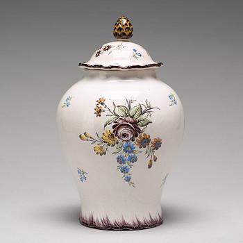 A Swedish Rörstrand faience jar with cover, 18th Century.