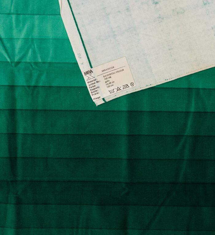 Verner Panton, CURTAINS, 3 PIECES, AND SAMPLERS, 10 PIECES.  Cotton velor. A variety of green nuances and patterns. Verner Panton.