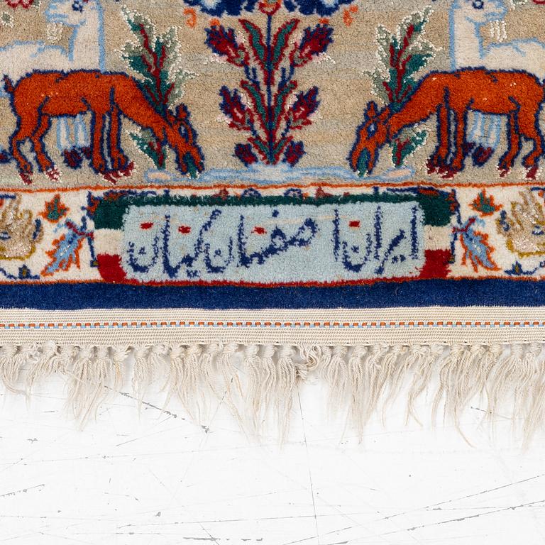 An oriental, figural, signed rug, c. 162 x 104 cm.