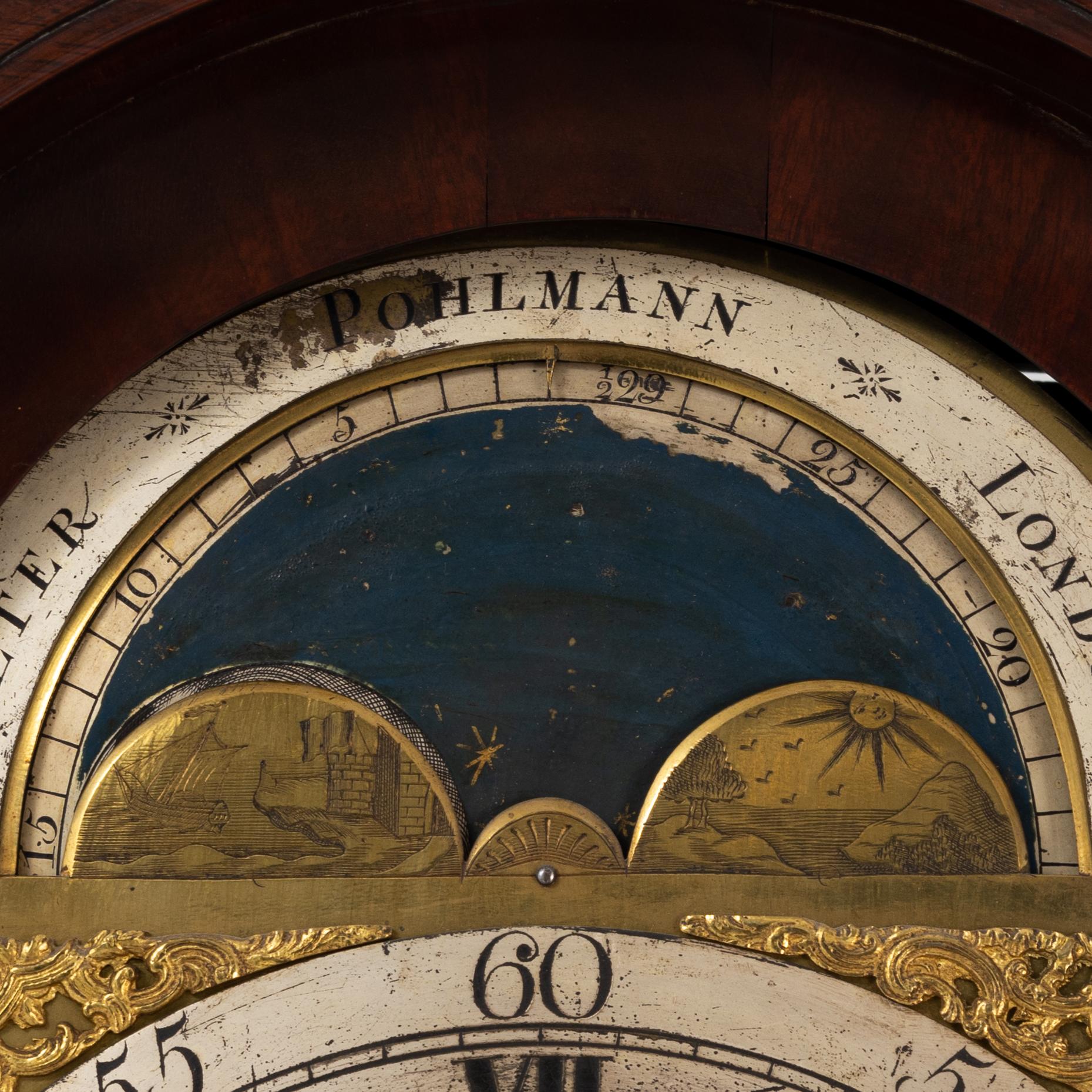 A mahogany veneered longcase clock, marked Peter Pohlmann, London, England, 18th century.