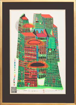 FRIEDENSREICH HUNDERTWASSER, färglitografi med metallpräglning, signerad och numrerad 7255/10000, daterad 1970.