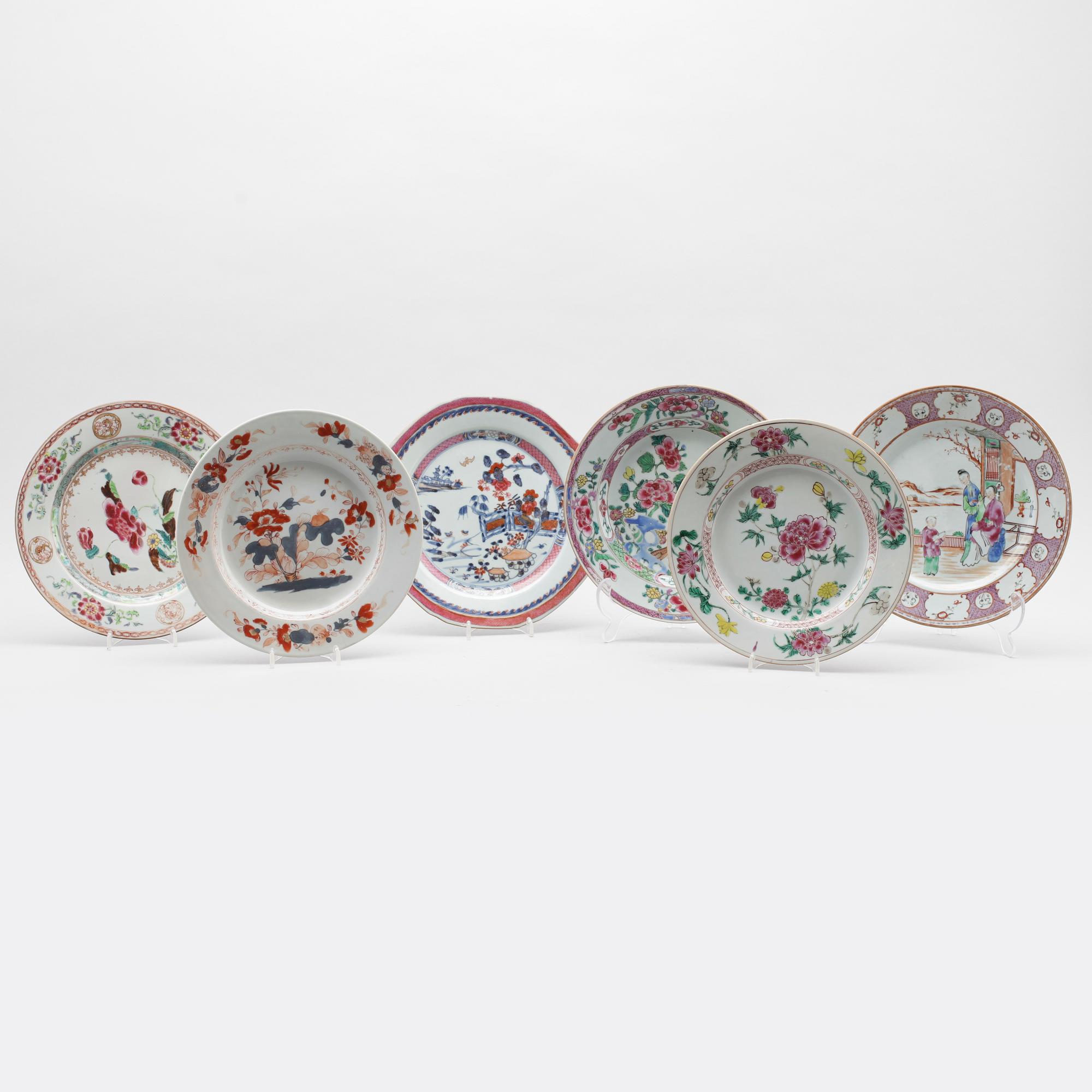 TALLRIKAR, 6 st, olika, porslin, Kina, 1700-tal.