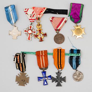 Nine medals including the Freedom Cross from the Finnish Civil War 1918 and the order of Franz Josef.