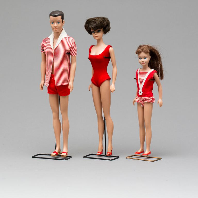 BARBIEDOCKOR, 3 st. "Barbie, Ken och Skipper". 1960-tal.