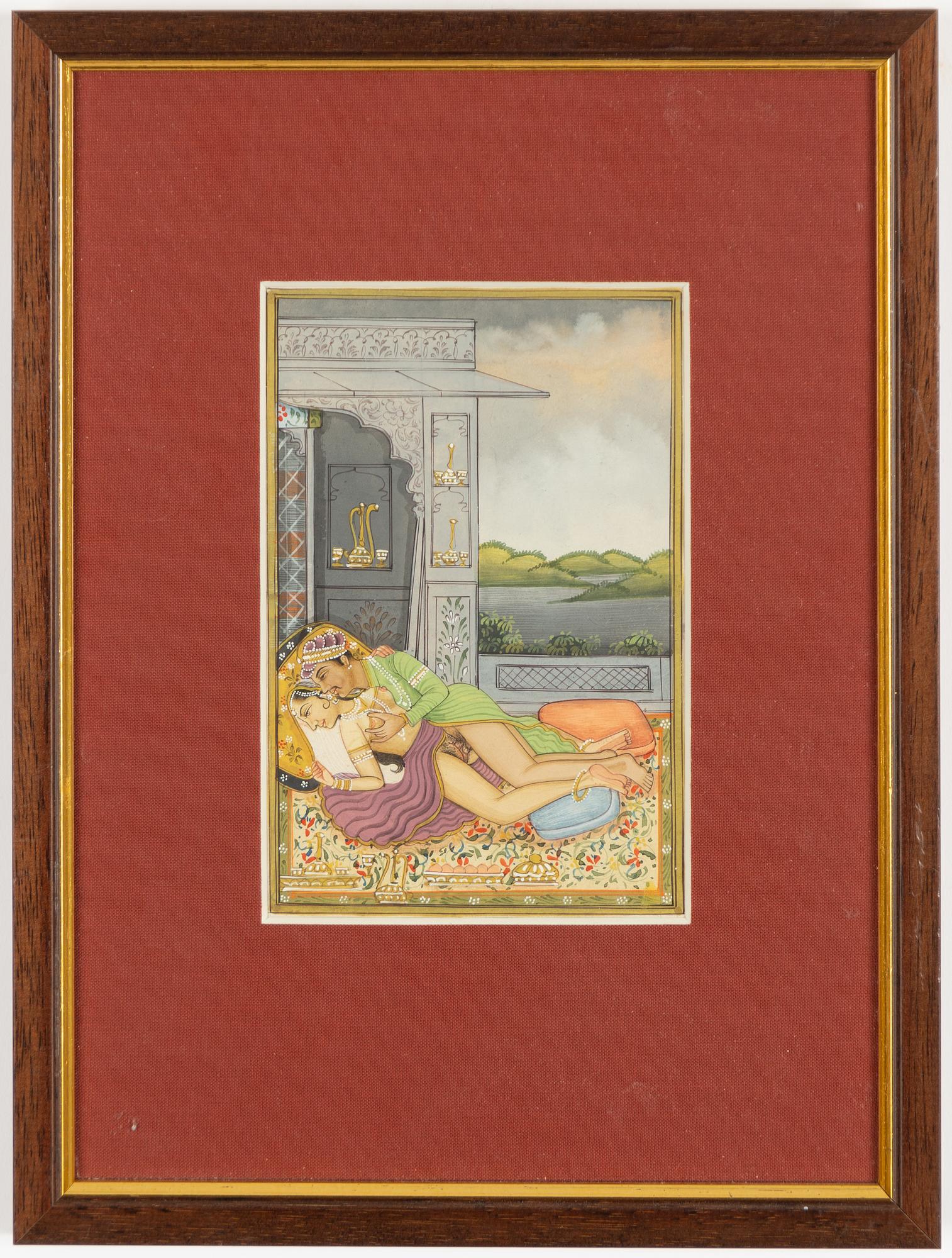 Unidentified artist, Erotic scenes in palace settings, India, 20th century. Four pieces.
