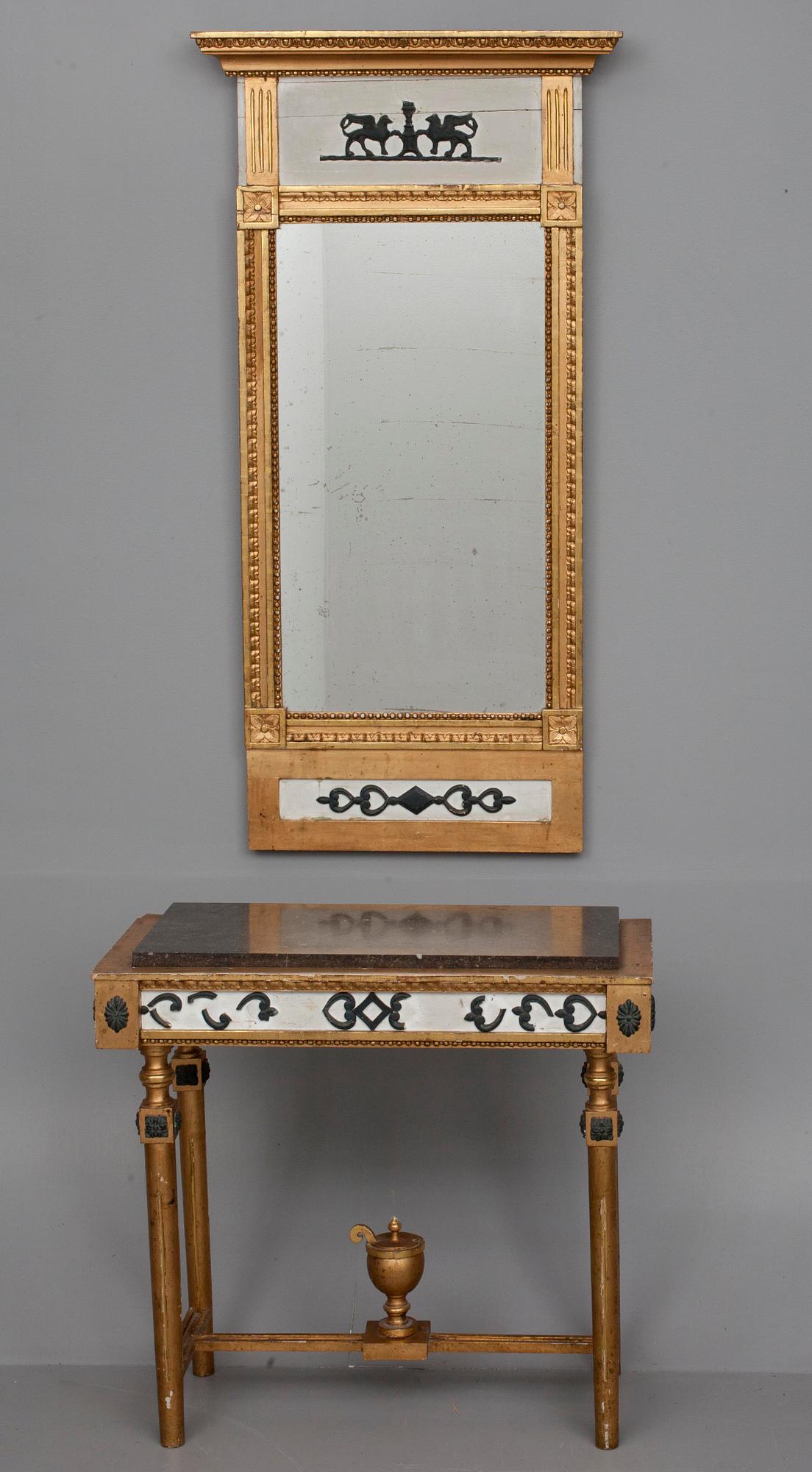 SPEGEL, KONSOLBORD, med PORFYRSKIVA,  sengustaviansk stil, 1900-talets början.