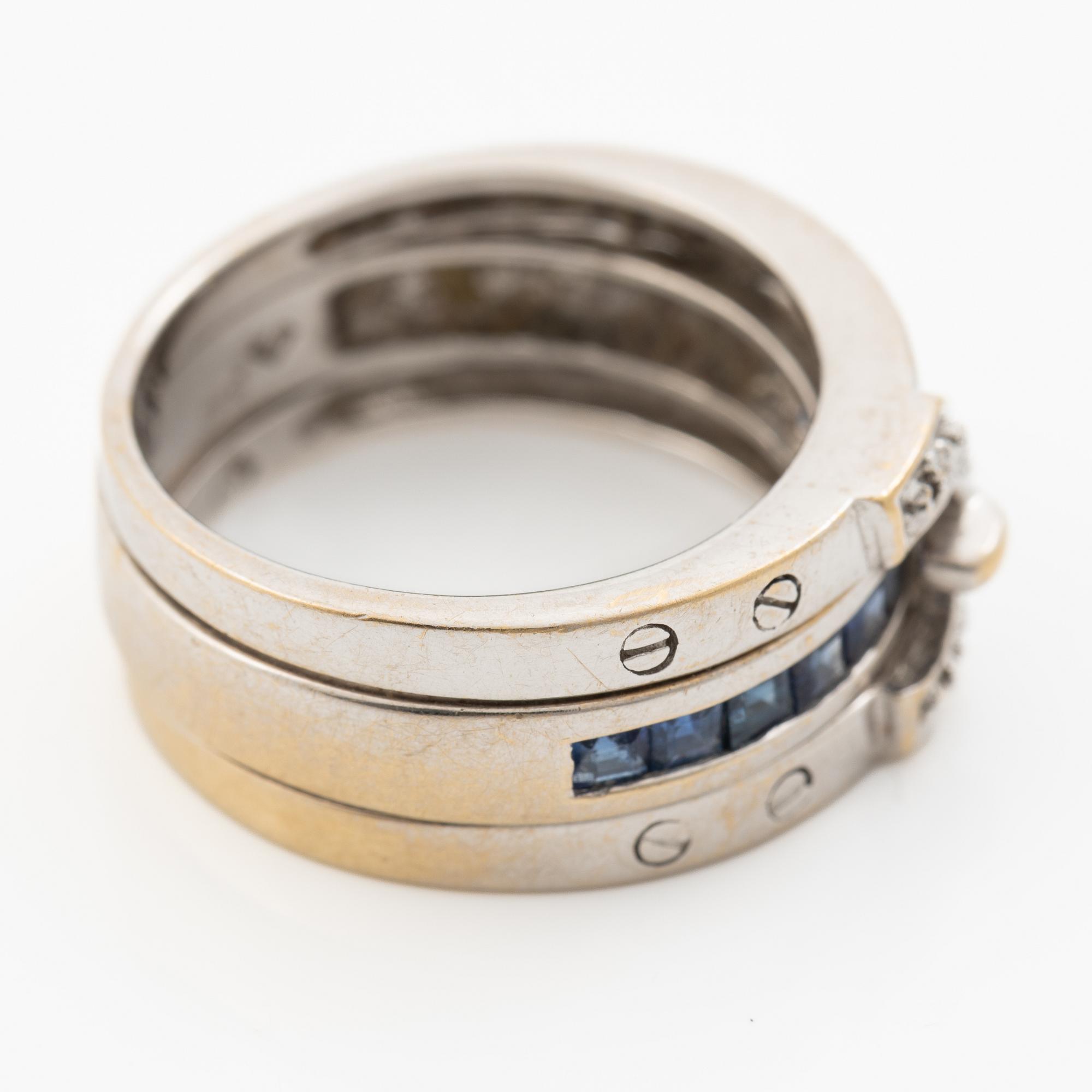 Ring, two-part, 14K white gold with sapphires and small diamonds.