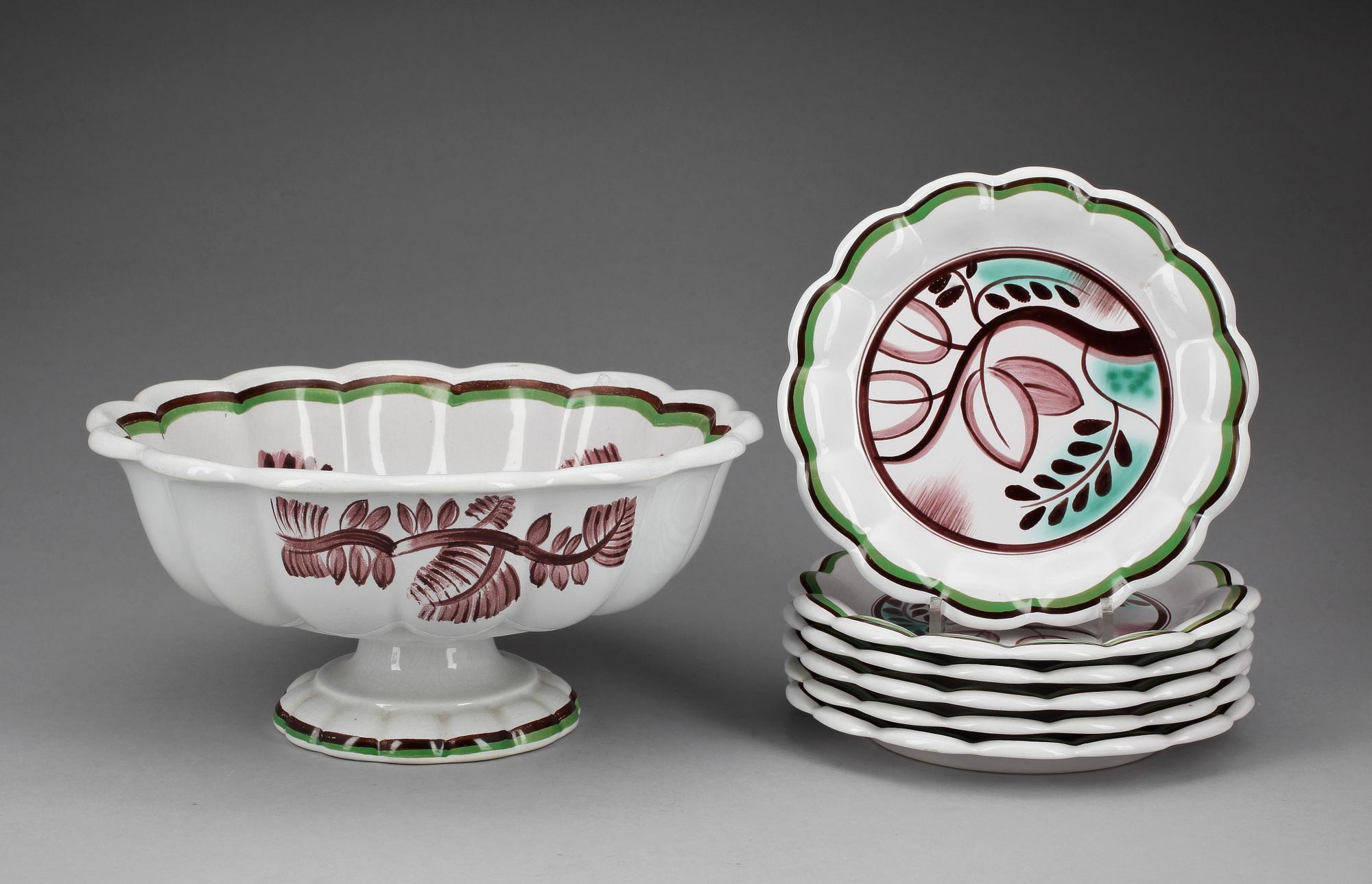 SKÅL samt ASSIETTER, 6 st, flintgods, Arthur Percy Gefle 1930-tal.