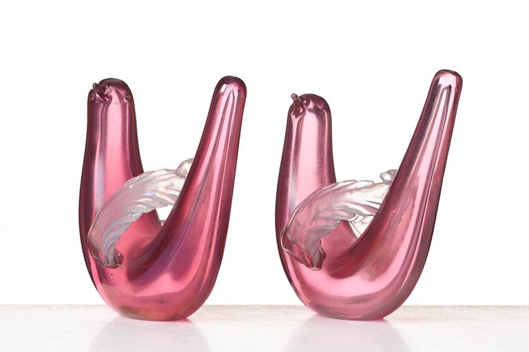 Tyra Lundgren, two irridescent glass pigeons, Venini Murano, Italy, model 10627, designed  about 1938.