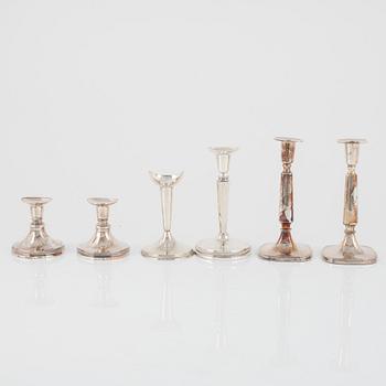 Candlesticks, silver, two pairs and two odd ones, MGAB, GAB, and Ceson Guldvaru Ab, Sweden, 1957-1981.
