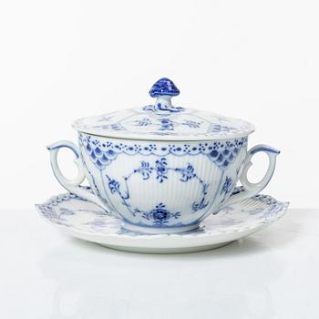 Royal Copenhagen, twelve consommé cups with saucers, 'Blue Fluted Half Lace', Denmark.