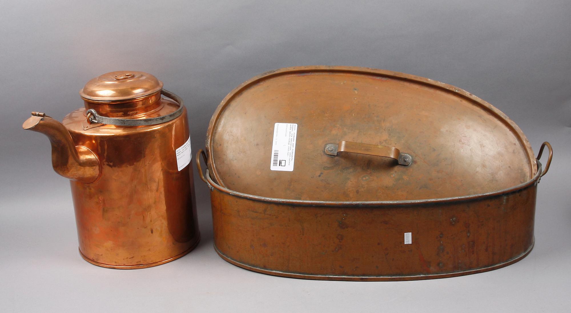 PIPKANNA SAMT FISKKGRYTA, koppar, bla Eskilstuna. 1800-talets andra hälft-tidigt 1900-tal.