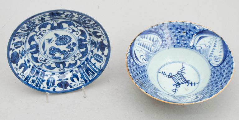 SKÅL OCH FAT, porslin, Kina, bla 1800-tal.