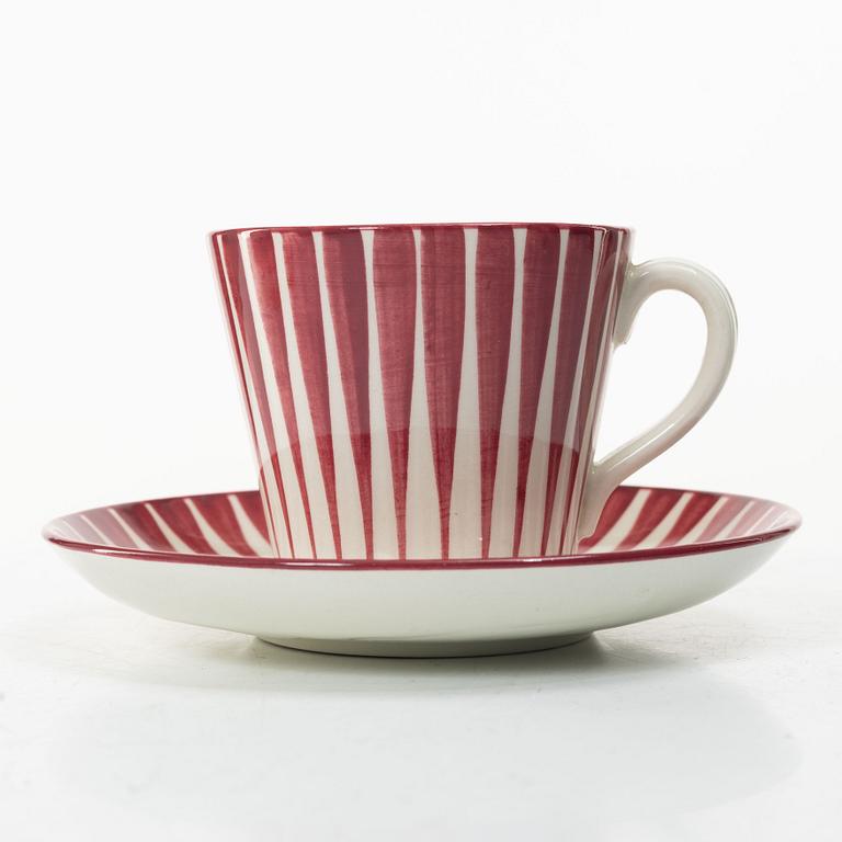 Eugen Trost, Three 'Red Zebra' cream-ware coffee cups on saucers, Uppsala-Ekeby Gefle.