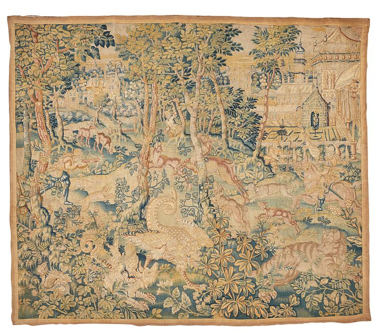 VÄVD TAPET, gobelängteknik, ca 191,5 x 220,5 cm, Flandern 1500-tal. Järnstång medföljer.