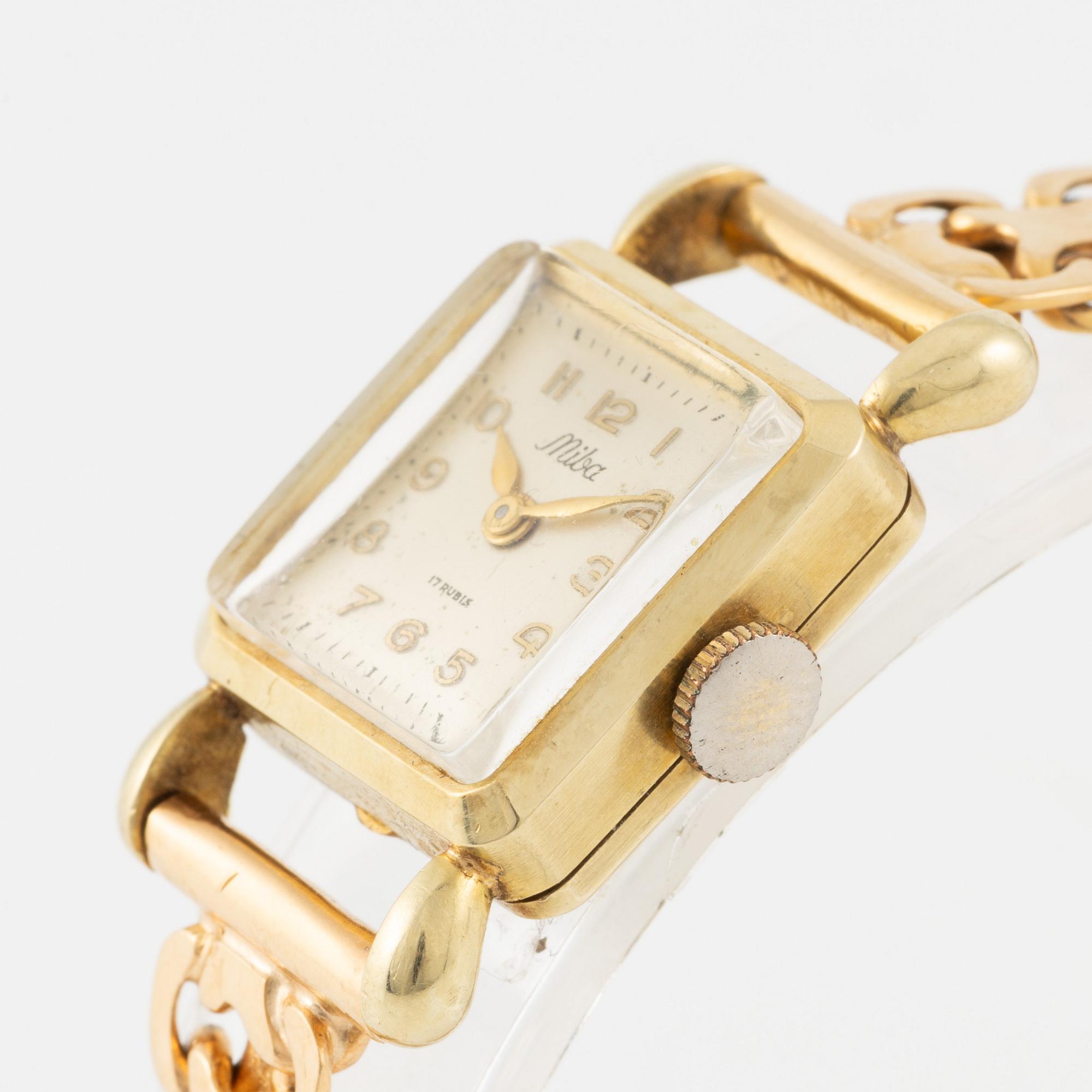 Miba, wristwatch, 14K gold, bracelet 18K gold, 17 mm.